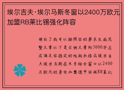 埃尔吉夫·埃尔马斯冬窗以2400万欧元加盟RB莱比锡强化阵容